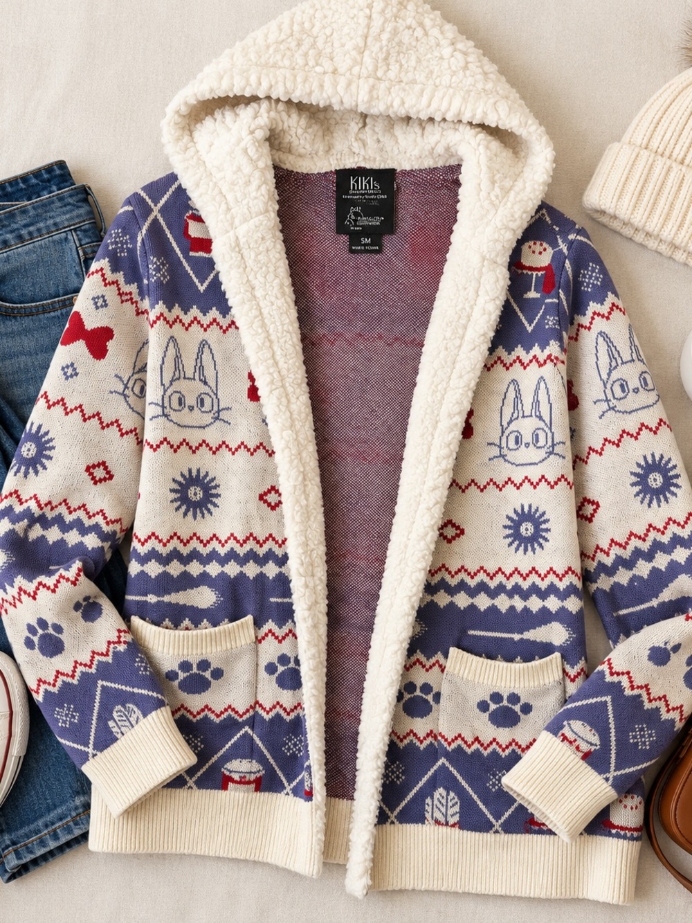 Studio Ghibli Kiki’s Delivery Service Jiji Fair Isle Sherpa Hood Cardigan SM